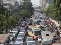 People are stuck in a traffic jam in Dhaka, Bangladesh, on October 21, 2024. (