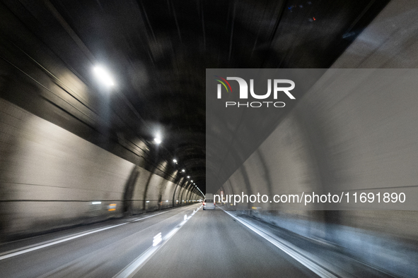 Vehicles crossing Gran Sasso Tunnel on A24 highway are seen in the province of Teramo, Italy, on October 12th, 2024.  