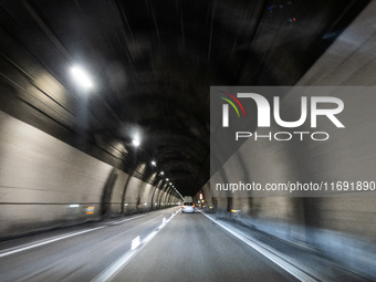 Vehicles crossing Gran Sasso Tunnel on A24 highway are seen in the province of Teramo, Italy, on October 12th, 2024.  (