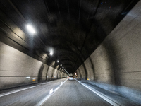 Vehicles crossing Gran Sasso Tunnel on A24 highway are seen in the province of Teramo, Italy, on October 12th, 2024.  (