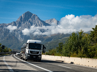 Vehicles crossing A24 highway are seen in the province of Teramo, Italy, on October 12th, 2024. Gran Sasso peaks (Corno Grande and Corno Pic...