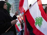 Demonstrators wave flags of Lebanon and Palestine during a rally titled 'Give Peace a Chance' in Sofia, Bulgaria, on October 21, 2024, again...