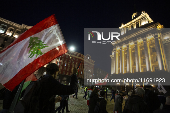 Demonstrators wave flags of Lebanon and Palestine during a rally titled 'Give Peace a Chance' in Sofia, Bulgaria, on October 21, 2024, again...