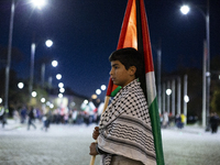 Demonstrators wave flags of Lebanon and Palestine during a rally titled 'Give Peace a Chance' in Sofia, Bulgaria, on October 21, 2024, again...