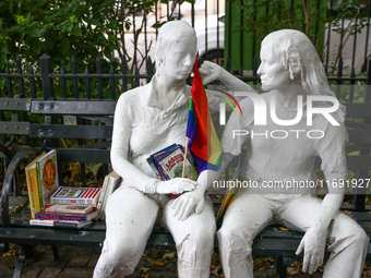 Gay Liberation sculpture by George Segal in Christopher Park in Greenwich Village in New York City, United States of America on July 7th, 20...