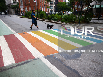 Rainbowa zebra crossing in Greenwich Village in New York City, United States of America on July 7th, 2024.  (