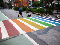 Rainbowa zebra crossing in Greenwich Village in New York City, United States of America on July 7th, 2024.  (