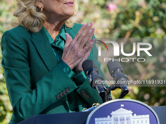 First Lady Jill Biden speaks in the Rose Garden about an enhanced White House tour experience in Washington, D.C., United States, on October...