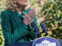 First Lady Jill Biden speaks in the Rose Garden about an enhanced White House tour experience in Washington, D.C., United States, on October...