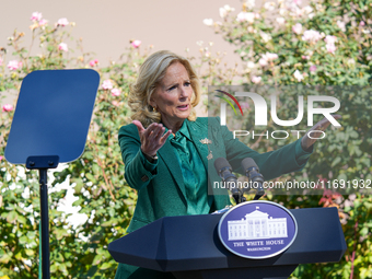 First Lady Jill Biden speaks in the Rose Garden about an enhanced White House tour experience in Washington, D.C., United States, on October...