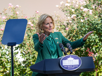 First Lady Jill Biden speaks in the Rose Garden about an enhanced White House tour experience in Washington, D.C., United States, on October...