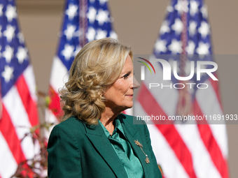 First Lady Jill Biden speaks in the Rose Garden about an enhanced White House tour experience in Washington, D.C., United States, on October...