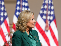 First Lady Jill Biden speaks in the Rose Garden about an enhanced White House tour experience in Washington, D.C., United States, on October...