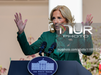 First Lady Jill Biden speaks in the Rose Garden about an enhanced White House tour experience in Washington, D.C., United States, on October...