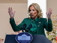 First Lady Jill Biden speaks in the Rose Garden about an enhanced White House tour experience in Washington, D.C., United States, on October...