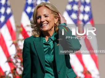 First Lady Jill Biden speaks in the Rose Garden about an enhanced White House tour experience in Washington, D.C., United States, on October...