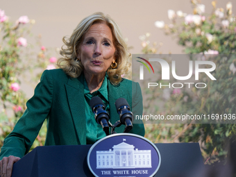 First Lady Jill Biden speaks in the Rose Garden about an enhanced White House tour experience in Washington, D.C., United States, on October...