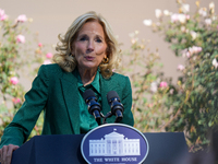 First Lady Jill Biden speaks in the Rose Garden about an enhanced White House tour experience in Washington, D.C., United States, on October...