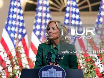 First Lady Jill Biden speaks in the Rose Garden about an enhanced White House tour experience in Washington, D.C., United States, on October...