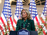 First Lady Jill Biden speaks in the Rose Garden about an enhanced White House tour experience in Washington, D.C., United States, on October...