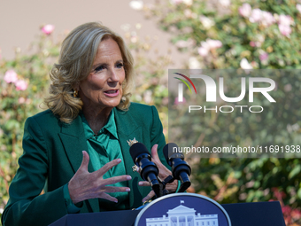 First Lady Jill Biden speaks in the Rose Garden about an enhanced White House tour experience in Washington, D.C., United States, on October...