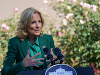 First Lady Jill Biden speaks in the Rose Garden about an enhanced White House tour experience in Washington, D.C., United States, on October...