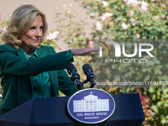 First Lady Jill Biden speaks in the Rose Garden about an enhanced White House tour experience in Washington, D.C., United States, on October...