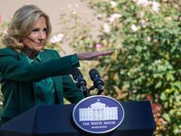 First Lady Jill Biden speaks in the Rose Garden about an enhanced White House tour experience in Washington, D.C., United States, on October...