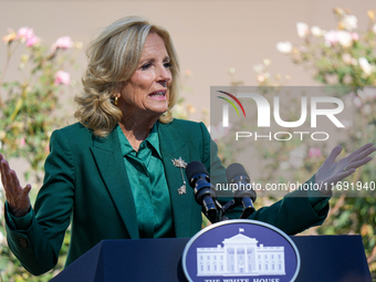 First Lady Jill Biden speaks in the Rose Garden about an enhanced White House tour experience in Washington, D.C., United States, on October...