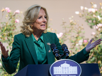 First Lady Jill Biden speaks in the Rose Garden about an enhanced White House tour experience in Washington, D.C., United States, on October...