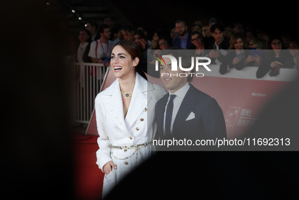 Miriam Leone and Paolo Carullo attend the ''Miss Fallaci'' red carpet during the 19th Rome Film Festival at Auditorium Parco Della Musica in...