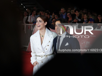 Miriam Leone and Paolo Carullo attend the ''Miss Fallaci'' red carpet during the 19th Rome Film Festival at Auditorium Parco Della Musica in...