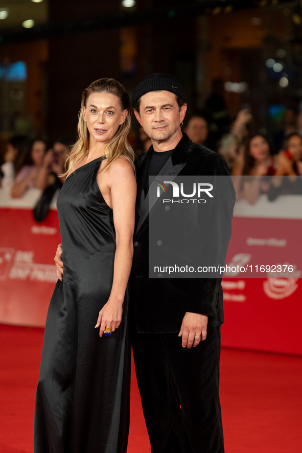 Vinicio Marchioni and Milena Mancini attend the Unita Awards red carpet during the 19th Rome Film Festival at Auditorium Parco Della Musica...