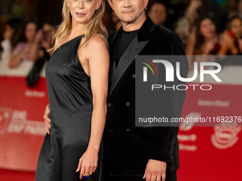 Vinicio Marchioni and Milena Mancini attend the Unita Awards red carpet during the 19th Rome Film Festival at Auditorium Parco Della Musica...