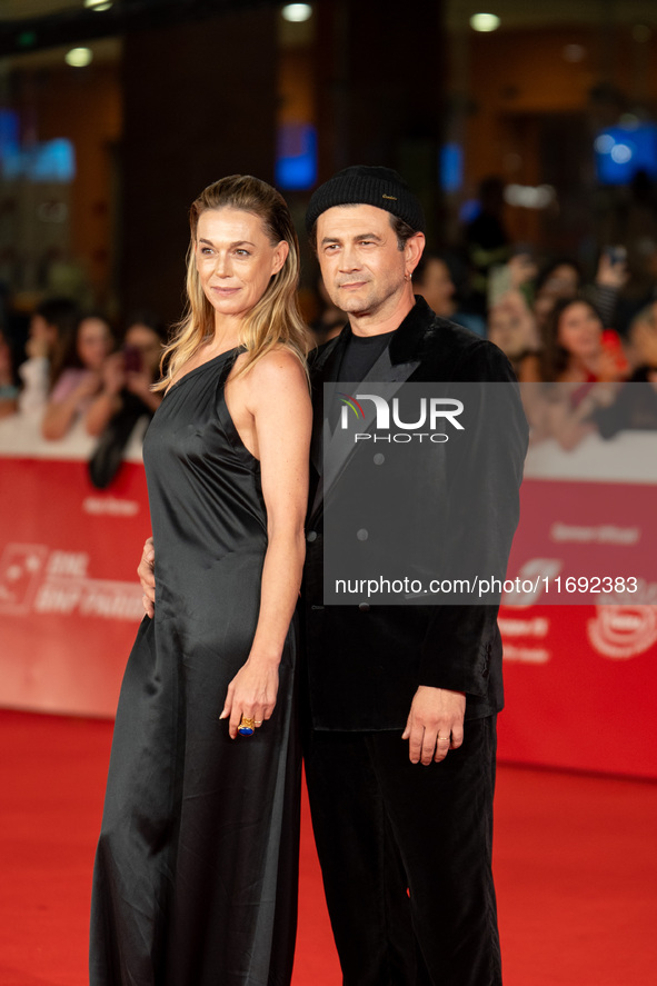 Vinicio Marchioni and Milena Mancini attend the Unita Awards red carpet during the 19th Rome Film Festival at Auditorium Parco Della Musica...