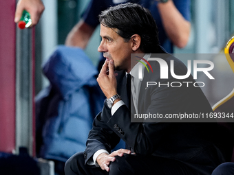 Simone Inzaghi head coach of FC Internazionale looks on during the Serie A Enilive match between AS Roma and FC Internazionale at Stadio Oli...