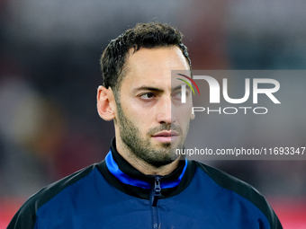 Hakan Calhanoglu of FC Internazionale looks on during the Serie A Enilive match between AS Roma and FC Internazionale at Stadio Olimpico on...