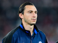 Matteo Darmian of FC Internazionale looks on during the Serie A Enilive match between AS Roma and FC Internazionale at Stadio Olimpico on Oc...