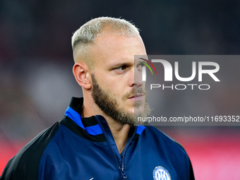 Federico Dimarco of FC Internazionale looks on during the Serie A Enilive match between AS Roma and FC Internazionale at Stadio Olimpico on...