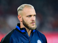 Federico Dimarco of FC Internazionale looks on during the Serie A Enilive match between AS Roma and FC Internazionale at Stadio Olimpico on...