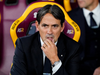 Simone Inzaghi head coach of FC Internazionale looks on during the Serie A Enilive match between AS Roma and FC Internazionale at Stadio Oli...