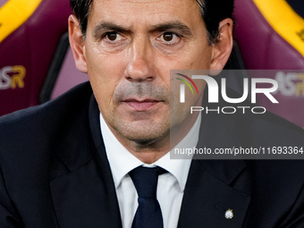 Simone Inzaghi head coach of FC Internazionale looks on during the Serie A Enilive match between AS Roma and FC Internazionale at Stadio Oli...