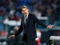 Simone Inzaghi head coach of FC Internazionale yells during the Serie A Enilive match between AS Roma and FC Internazionale at Stadio Olimpi...