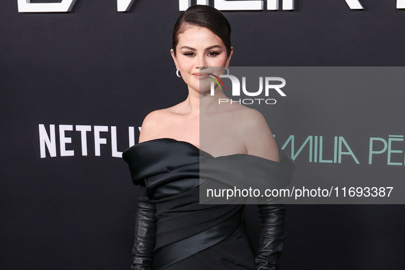 Selena Gomez wearing Elie Saab arrives at the Los Angeles Premiere of Netflix's 'Emilia Perez' held at The Egyptian Theatre Hollywood on Oct...