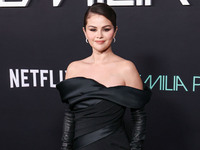 Selena Gomez wearing Elie Saab arrives at the Los Angeles Premiere of Netflix's 'Emilia Perez' held at The Egyptian Theatre Hollywood on Oct...