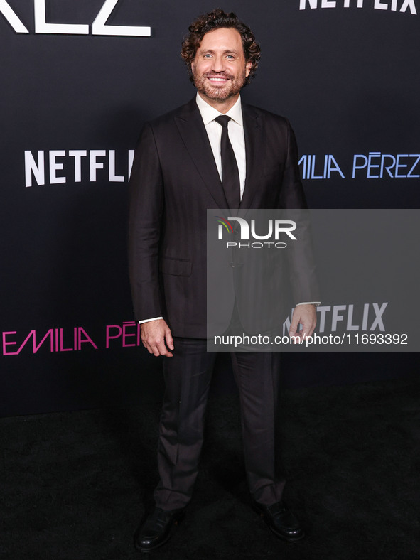 Edgar Ramirez arrives at the Los Angeles Premiere of Netflix's 'Emilia Perez' held at The Egyptian Theatre Hollywood on October 21, 2024 in...