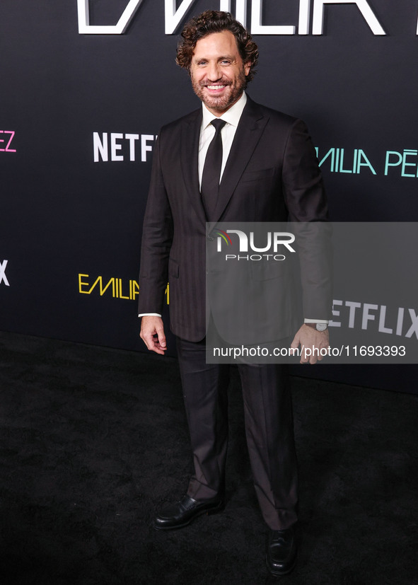 Edgar Ramirez arrives at the Los Angeles Premiere of Netflix's 'Emilia Perez' held at The Egyptian Theatre Hollywood on October 21, 2024 in...