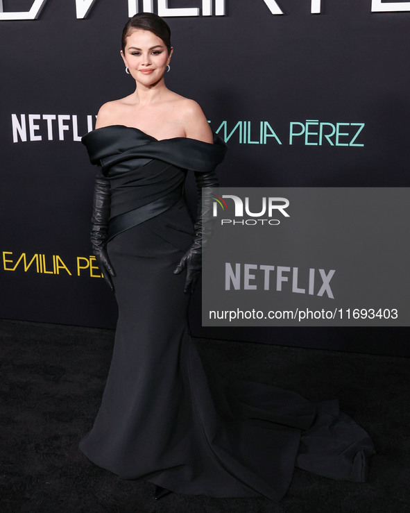 Selena Gomez wearing Elie Saab arrives at the Los Angeles Premiere of Netflix's 'Emilia Perez' held at The Egyptian Theatre Hollywood on Oct...