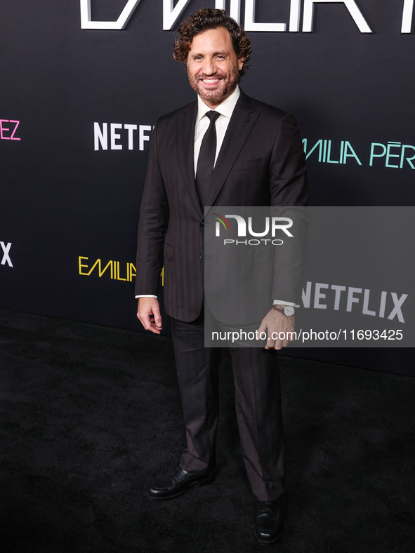 Edgar Ramirez arrives at the Los Angeles Premiere of Netflix's 'Emilia Perez' held at The Egyptian Theatre Hollywood on October 21, 2024 in...