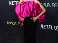 Zoe Saldana wearing a Saint Laurent dress arrives at the Los Angeles Premiere of Netflix's 'Emilia Perez' held at The Egyptian Theatre Holly...